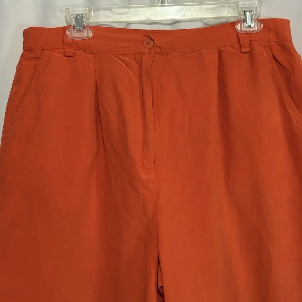 Vintage 100% Silk Orange High Waisted Pleated Trouser Pants‎ Classic Colorful
